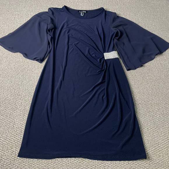 Joseph Ribkoff Womens Dress 10 Blue Sheath Butterfly Sleeves Ruched Rhinestones - Picture 1 of 14